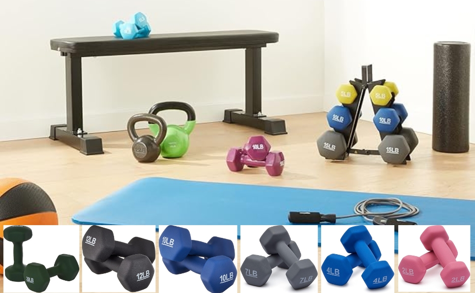 Neoprene Dumbbell : A home gym setup with a bench, colorful dumbbells, kettlebells, a foam roller, and a jump rope on a wooden floor. The scene is vibrant and organized.